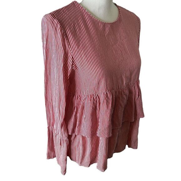 NEW ZARA Y2K TRAFALUC COLLECTION  BOHEMIAN Red Wht Striped Ruffle Tier Blouse XS - Picture 2 of 5